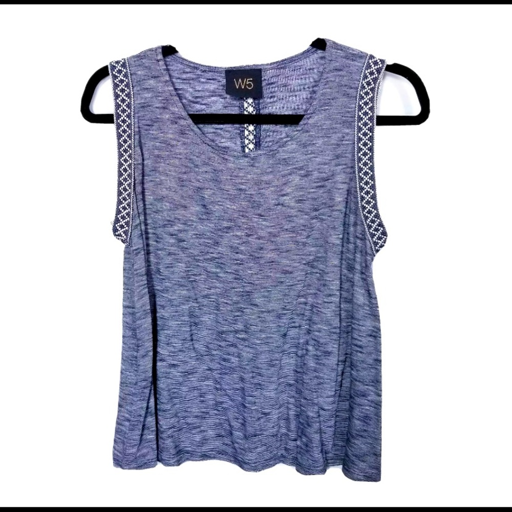 W5 Anthropologie top blue Aztec style embroidery S